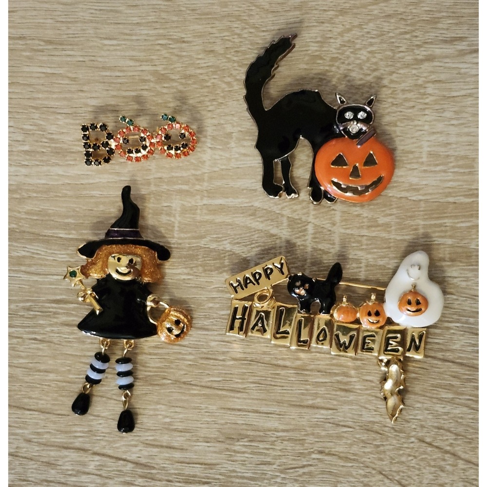 Vintage Halloween Brooch Pin Gold Enamel Charms Pumpin Ghost Cat Lot Of 4